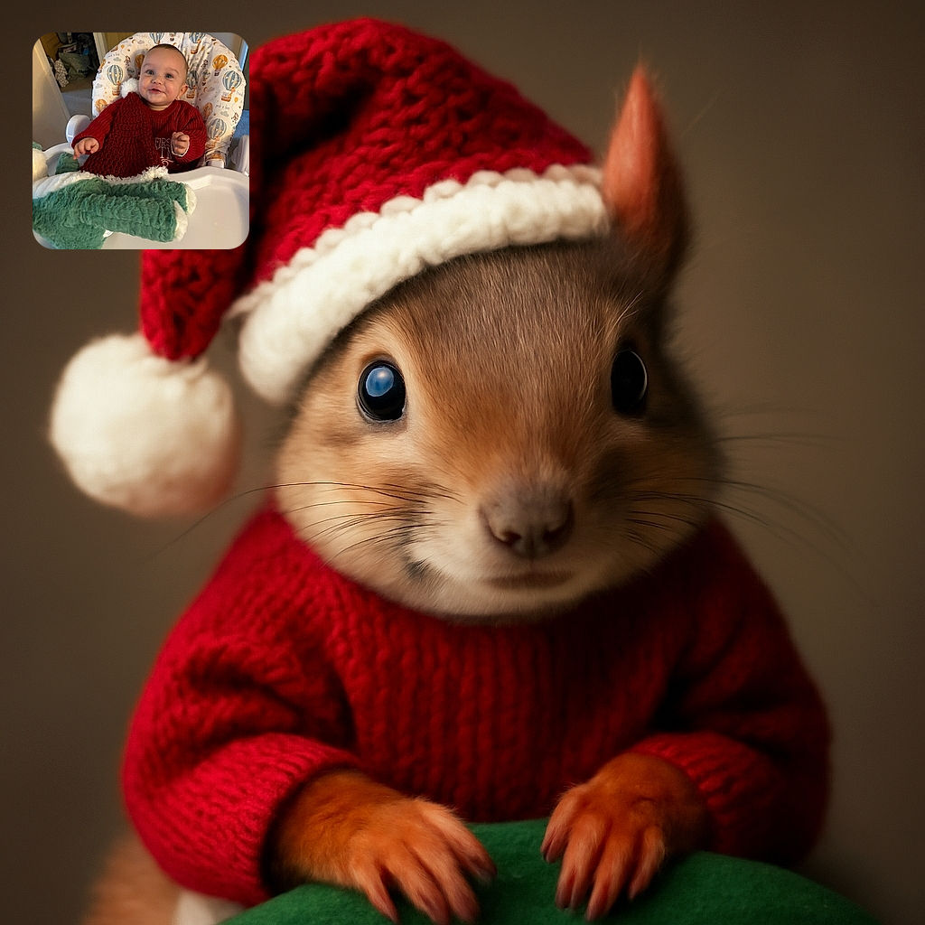 A joyful baby in a festive red sweater sits in a high chair covered with a cute, colorful hot air balloon print. The baby is holding a large, fluffy green stuffed toy and a red knit Santa hat, grinning with excitement as if ready to celebrate their first Christmas.