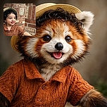 A joyful toddler with curly hair peeks out from under a small straw hat, wearing a cozy brown knit sweater, standing against a rustic brick wall with a mischievous grin and bright eyes full of wonder.