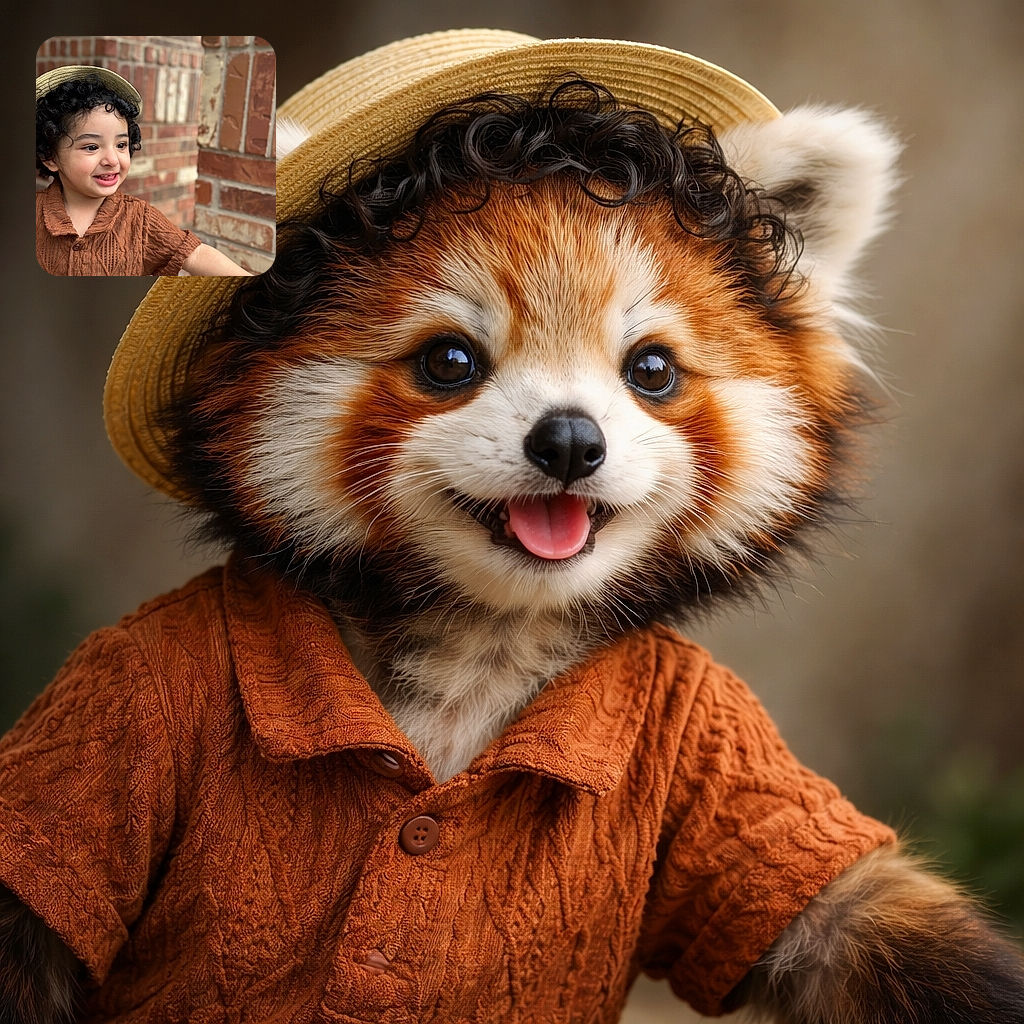 A joyful toddler with curly hair peeks out from under a small straw hat, wearing a cozy brown knit sweater, standing against a rustic brick wall with a mischievous grin and bright eyes full of wonder.