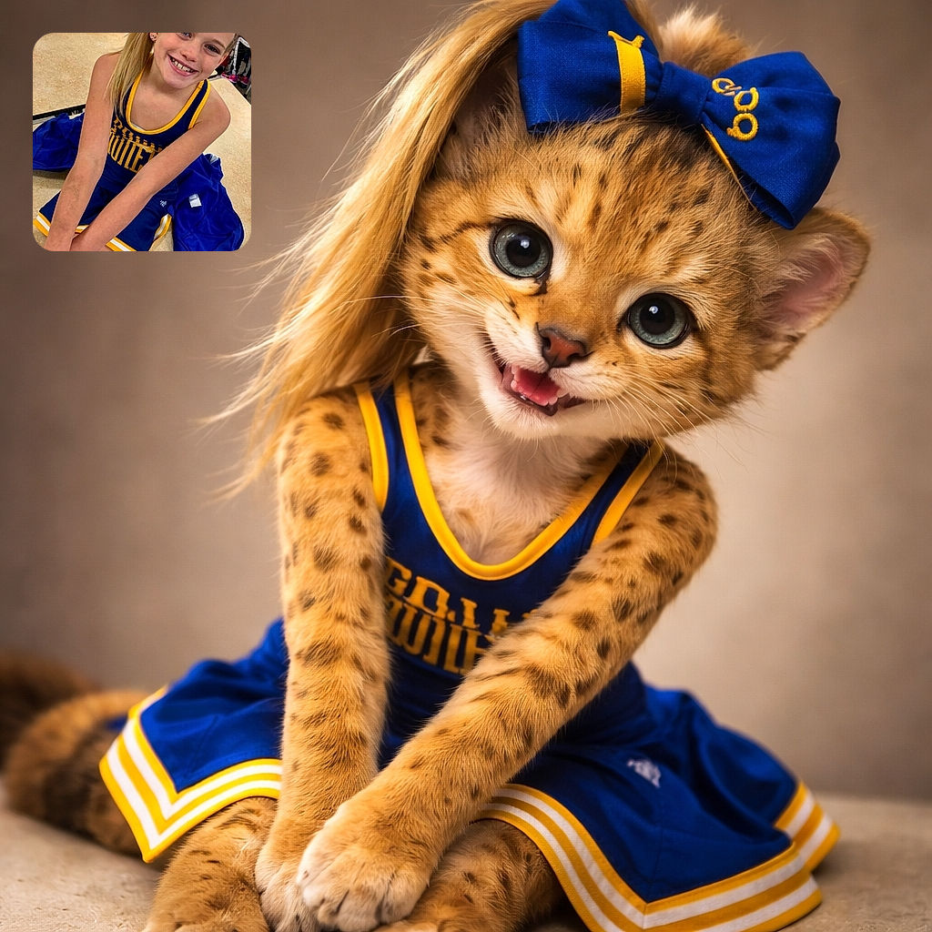 A beaming young cheerleader in blue and yellow flashes a gap-toothed grin and a giant bow, sitting casually on a cafeteria table like it’s a runway — glittering earrings, crossed legs, and unmistakable post-game pride.