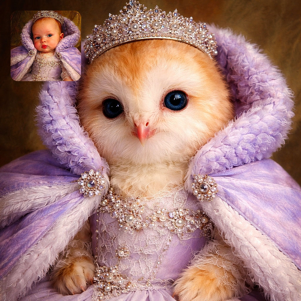 A cherubic baby in full royal regalia — tiny tiara, pearl-studded lace dress and a plush lavender cape — stares out with serious curiosity as if plotting adorable world domination. The painted-backdrop warmth and luxurious textures make the whole scene look like a mini monarch's portrait straight out of a fairy-tale gallery.