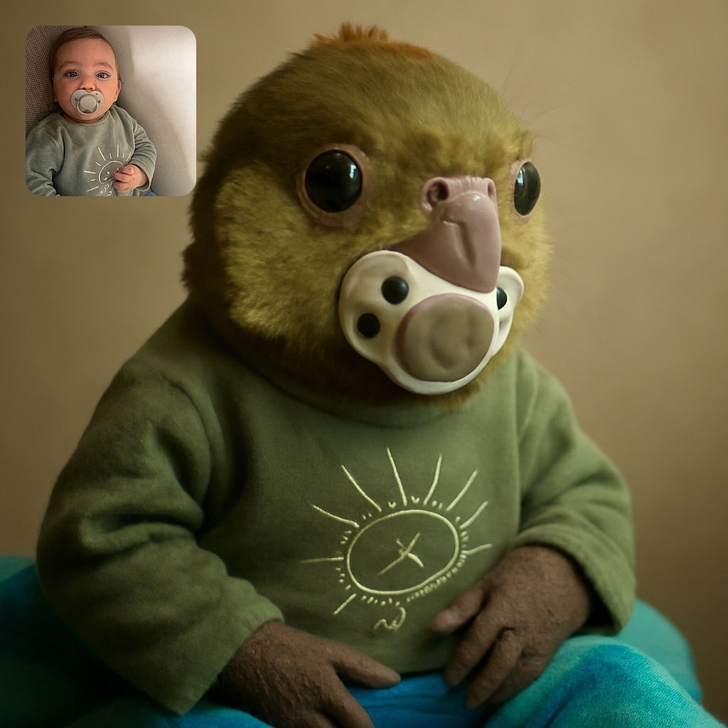 A cute baby with big blue eyes is snuggled up with a pacifier in their mouth, wearing a cozy green sweatshirt with a sun design, wrapped in a soft blue blanket, looking curiously at the camera while resting against a textured couch and a plain wall.