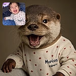 A joyful toddler in a white onesie with red hearts is caught mid-laugh, sitting comfortably on a blue patterned cushion with a softly lit room and a glowing TV screen in the background.