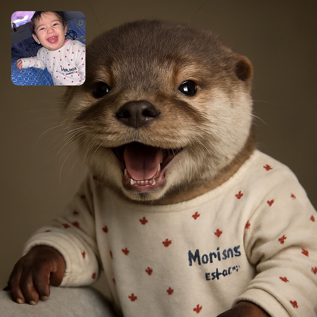 A joyful toddler in a white onesie with red hearts is caught mid-laugh, sitting comfortably on a blue patterned cushion with a softly lit room and a glowing TV screen in the background.