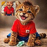 A joyful baby wearing a bright red shirt and blue shorts sits happily on a patterned bedspread, flashing a wide, infectious smile that lights up the room. The baby is holding a small object and a pacifier lies nearby, adding to the cozy, candid moment captured in warm lighting.