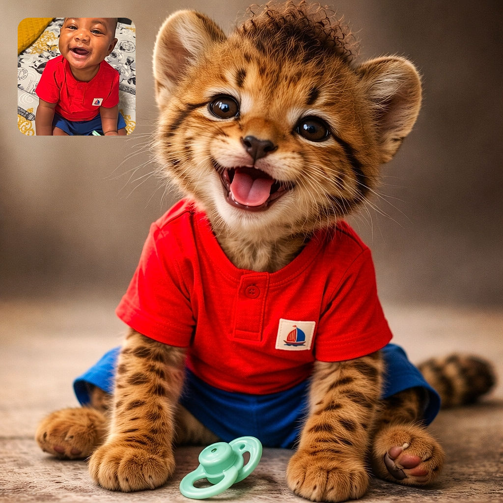 A joyful baby wearing a bright red shirt and blue shorts sits happily on a patterned bedspread, flashing a wide, infectious smile that lights up the room. The baby is holding a small object and a pacifier lies nearby, adding to the cozy, candid moment captured in warm lighting.