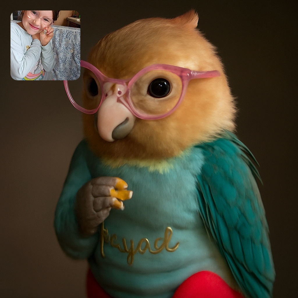 A joyful young girl wearing pink glasses and a light blue shirt with a colorful unicorn design poses sweetly with hands near her face, radiating pure happiness in a cozy home setting with a patterned blanket and playful decorations in the background.