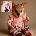 A charming baby dressed in a pink outfit with camouflage pants and a big bow, sticking out her tongue playfully while lying on a soft surface with sparkly effects around.