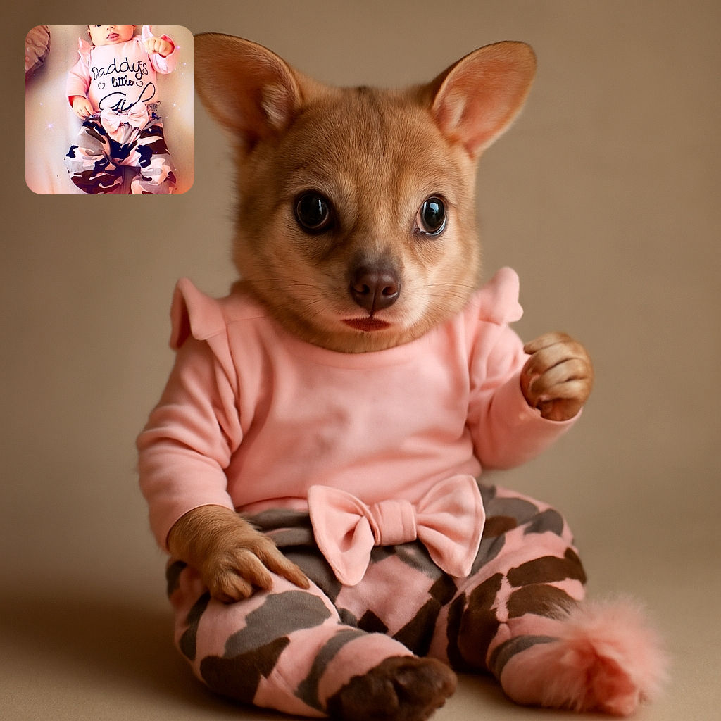 A charming baby dressed in a pink outfit with camouflage pants and a big bow, sticking out her tongue playfully while lying on a soft surface with sparkly effects around.