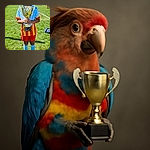 A joyful young soccer player proudly holds a shiny gold trophy on a sunny day at the soccer field, with vibrant green grass and a clear blue sky in the background. The child sports a colorful uniform with red and yellow stripes, blue socks, and black cleats, their windblown hair adding to the victorious spirit.