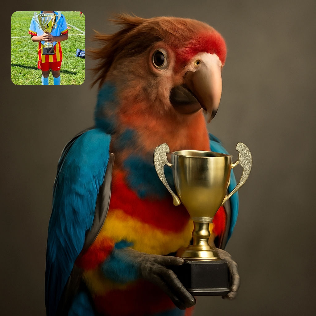 A joyful young soccer player proudly holds a shiny gold trophy on a sunny day at the soccer field, with vibrant green grass and a clear blue sky in the background. The child sports a colorful uniform with red and yellow stripes, blue socks, and black cleats, their windblown hair adding to the victorious spirit.