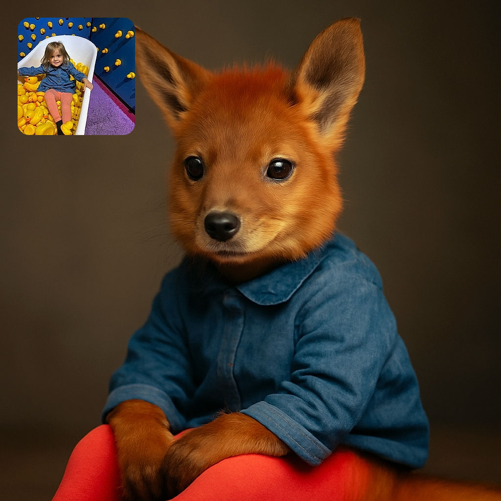 A cheerful little girl lounges in a white bathtub filled with countless bright yellow rubber ducks, surrounded by a quirky blue wall decorated with more rubber ducks and a purple shaggy carpet on the floor. Her denim shirt and peach leggings add a cozy touch to this playful, duck-filled wonderland.