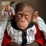 A peacefully sleeping newborn bundled in a striped blanket and wearing a cute buttoned onesie with red and navy accents, resting comfortably indoors with soft lighting and a cozy atmosphere.