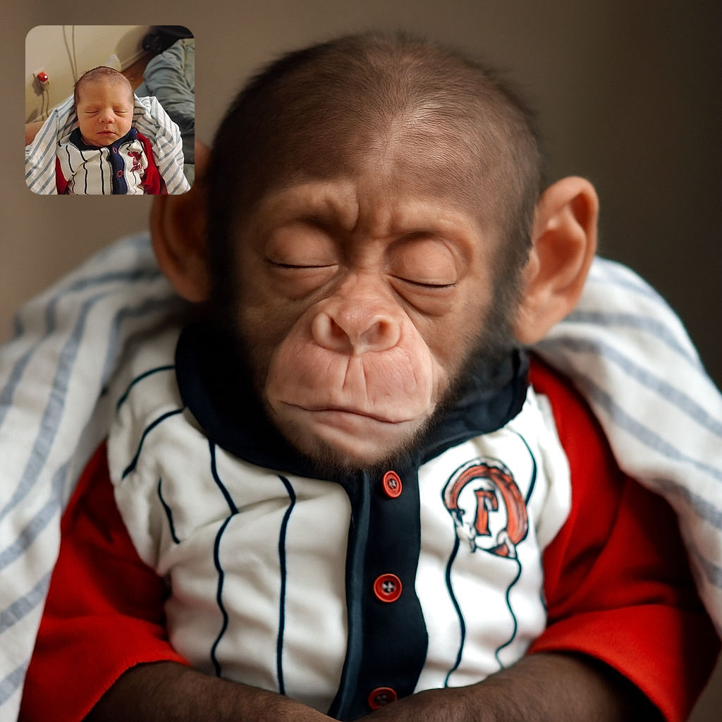 A peacefully sleeping newborn bundled in a striped blanket and wearing a cute buttoned onesie with red and navy accents, resting comfortably indoors with soft lighting and a cozy atmosphere.