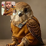 A curious toddler with big eyes and a slightly open mouth looks up at the camera, dressed in a cozy brown outfit with a plaid collar, sitting on a soft play mat surrounded by colorful toys in a blurred background.