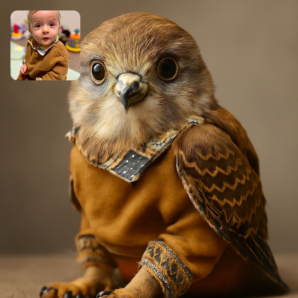 A curious toddler with big eyes and a slightly open mouth looks up at the camera, dressed in a cozy brown outfit with a plaid collar, sitting on a soft play mat surrounded by colorful toys in a blurred background.