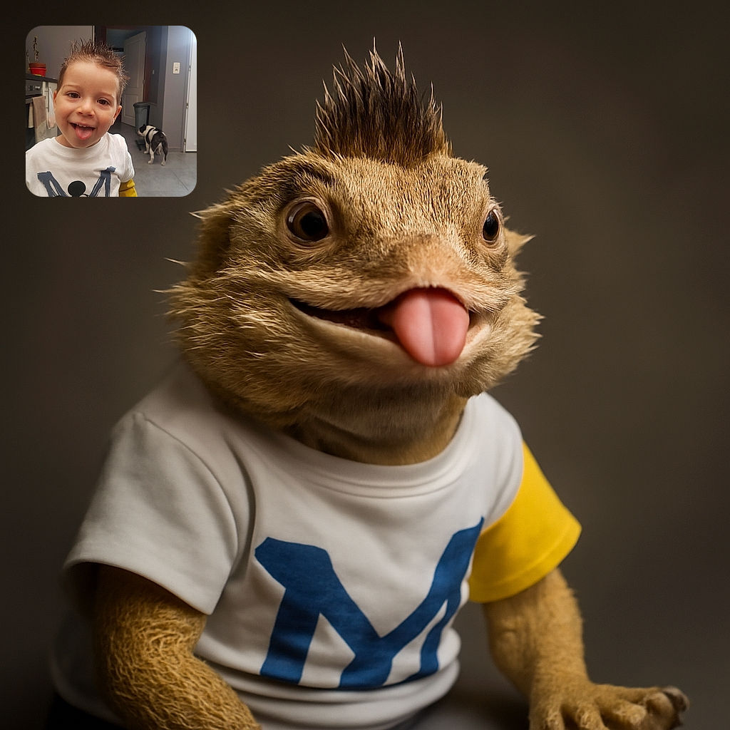 A cheeky little boy with spiky hair sticks out his tongue playfully in a cozy kitchen, while a curious black-and-white dog sniffs around the trash bin in the background, adding a dash of pet mischief to the scene.