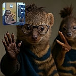 Two kids hang out in a classroom setting, one playfully blocking the camera with an open hand while the other flashes peace signs behind a laptop, surrounded by shelves, papers, and a red apple adding a pop of color.