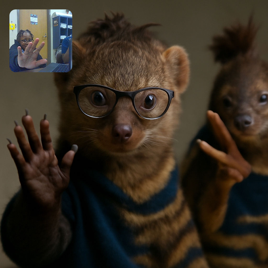 Two kids hang out in a classroom setting, one playfully blocking the camera with an open hand while the other flashes peace signs behind a laptop, surrounded by shelves, papers, and a red apple adding a pop of color.