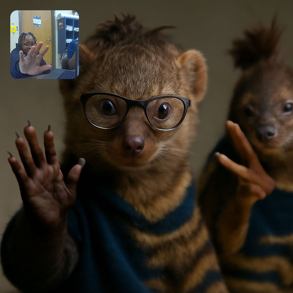 Two kids hang out in a classroom setting, one playfully blocking the camera with an open hand while the other flashes peace signs behind a laptop, surrounded by shelves, papers, and a red apple adding a pop of color.