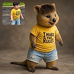 A cheerful little trendsetter stands outdoors in a yellow “I make the rules” shirt and wonderfully rugged denim shorts, looking ready to negotiate playground law with a smile. The green grass and pavement create a clean, colorful backdrop, while the tiny “2/2” marker sits unobtrusively in the corner.