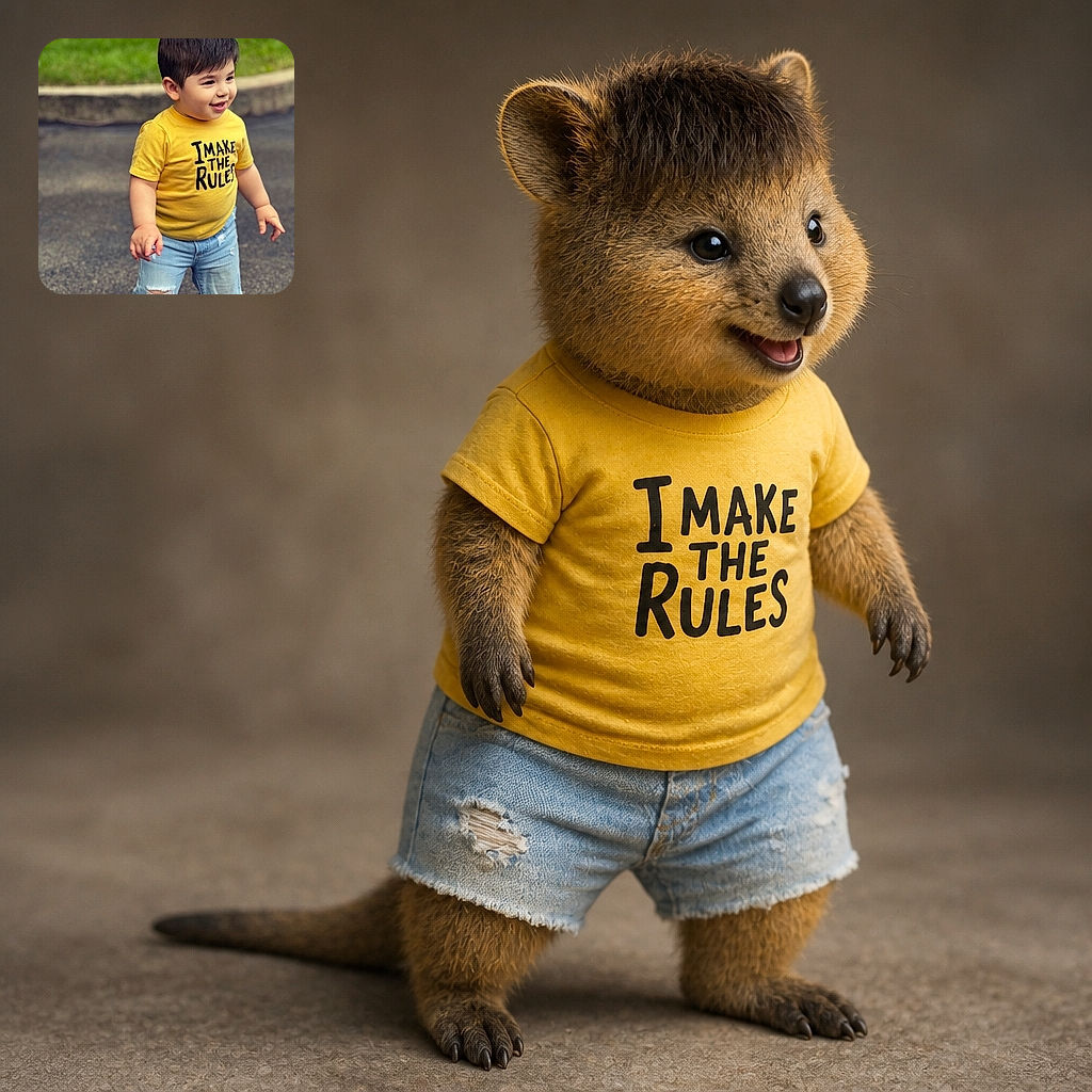 A cheerful little trendsetter stands outdoors in a yellow “I make the rules” shirt and wonderfully rugged denim shorts, looking ready to negotiate playground law with a smile. The green grass and pavement create a clean, colorful backdrop, while the tiny “2/2” marker sits unobtrusively in the corner.