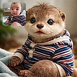 A curious baby with big blue eyes and soft wispy hair stares directly at the camera, wearing a cozy striped hoodie. The background shows a wooden crib and a softly blurred nursery setting, adding to the warm, homely vibe.