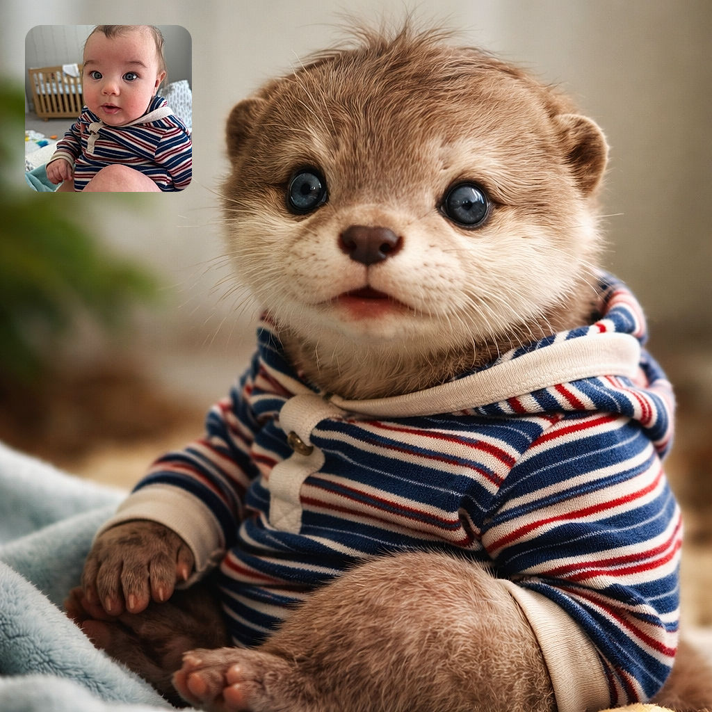 A curious baby with big blue eyes and soft wispy hair stares directly at the camera, wearing a cozy striped hoodie. The background shows a wooden crib and a softly blurred nursery setting, adding to the warm, homely vibe.