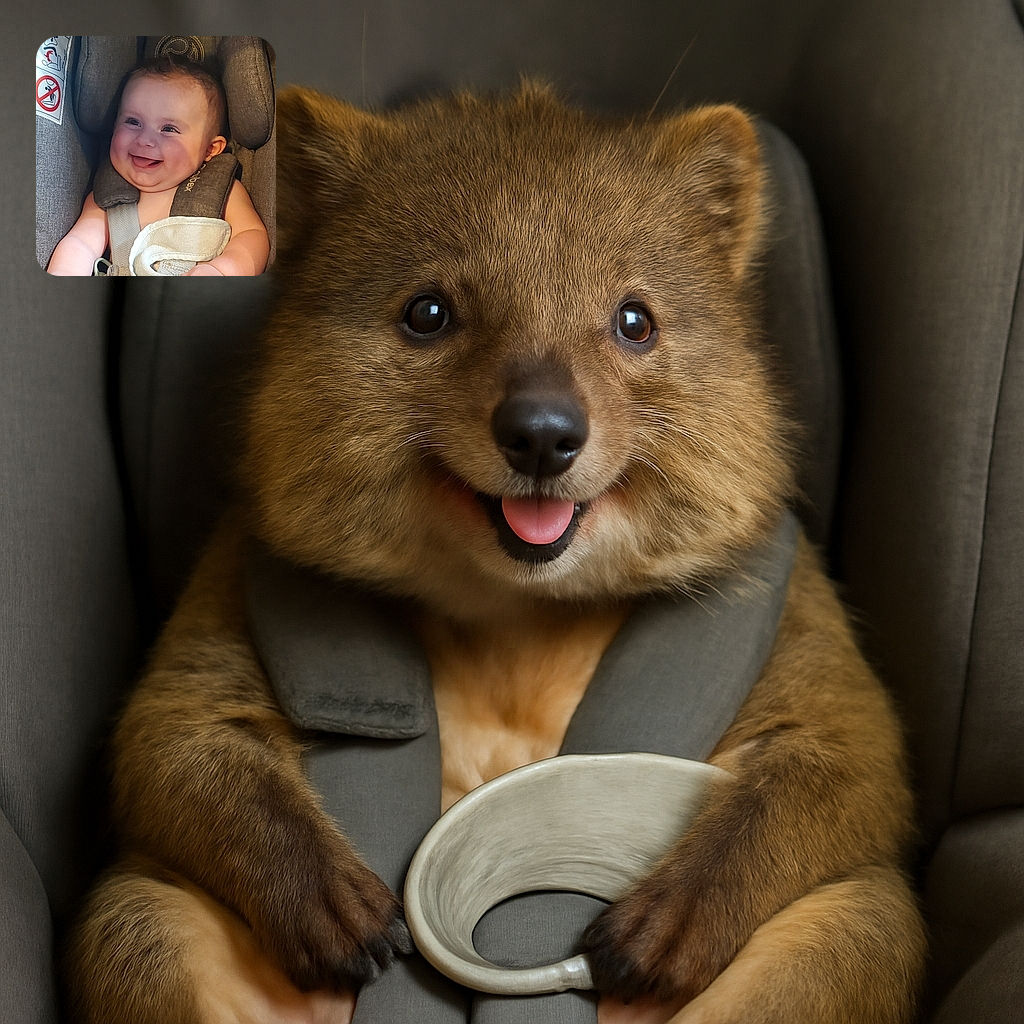 A joyful baby with sparkling eyes and a wide smile is comfortably secured in a car seat, radiating pure happiness and innocence with a cozy blanket and pacifier nearby.