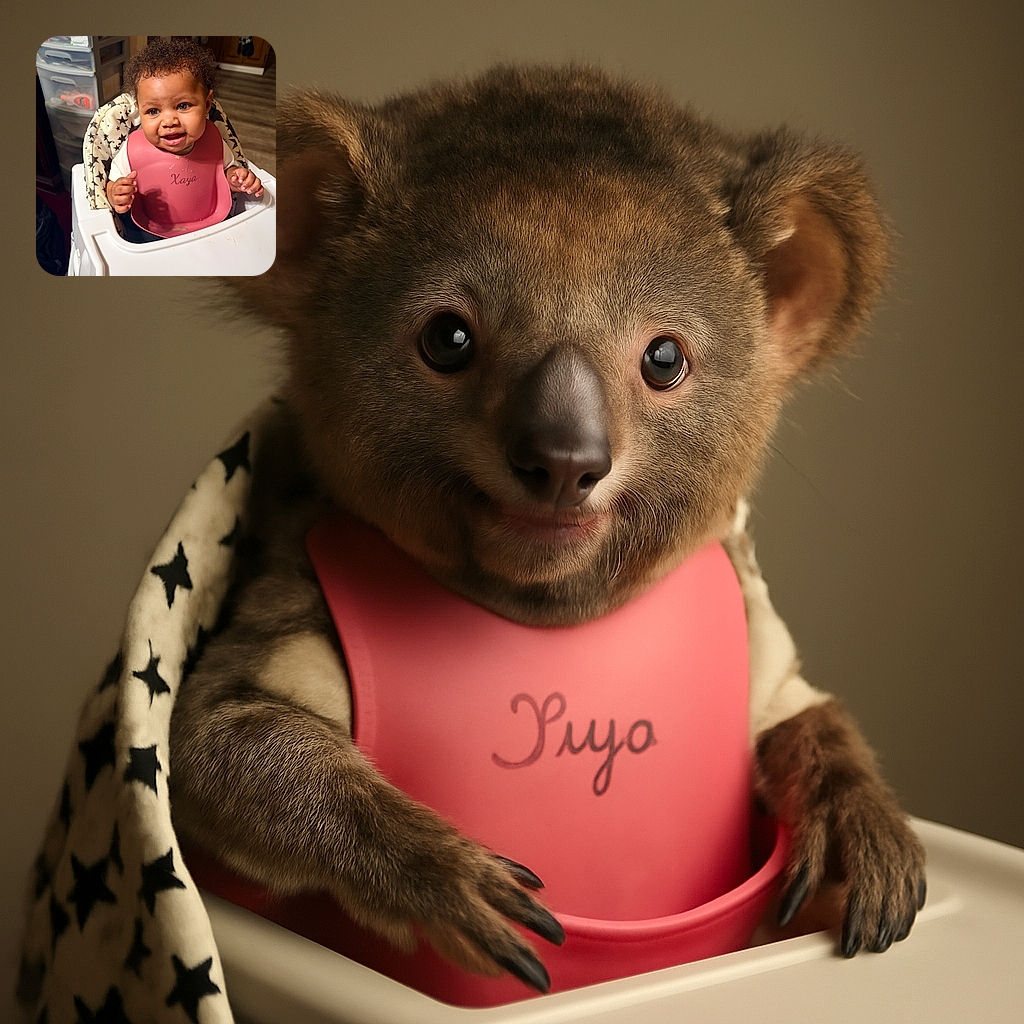 A cheerful baby with curly hair sitting in a high chair, wearing a pink bib with the name 'Xaya' on it, looking excited and ready for the next bite, surrounded by a cozy kitchen background.