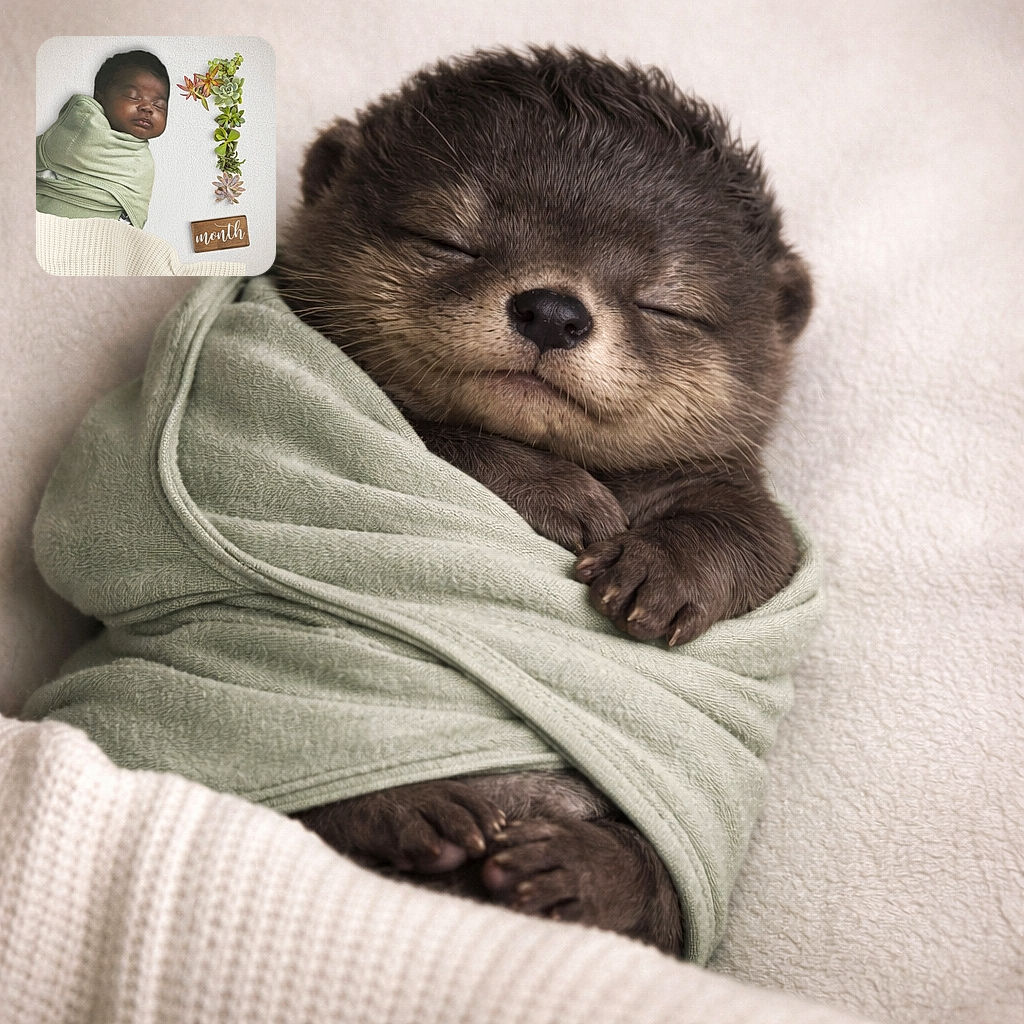 A peacefully sleeping baby wrapped snugly in a green blanket lies on a soft textured surface, next to a creative arrangement of succulents forming the number one, with a wooden plaque reading 'month' marking a sweet one-month milestone.