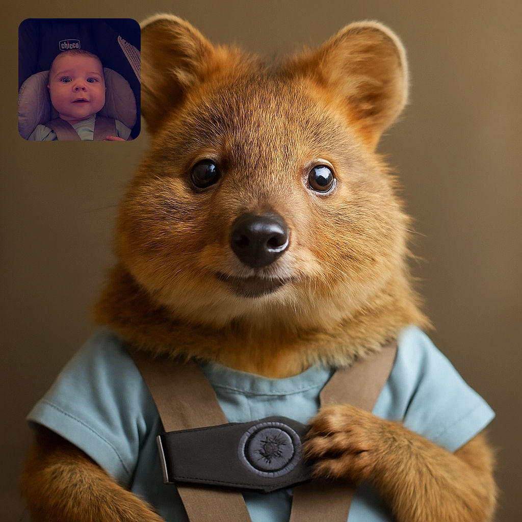 A wide-eyed baby strapped securely in a car seat, looking curiously at the camera with a soft glow highlighting their round cheeks and tiny hand resting on the buckle labeled 'PUSH'.