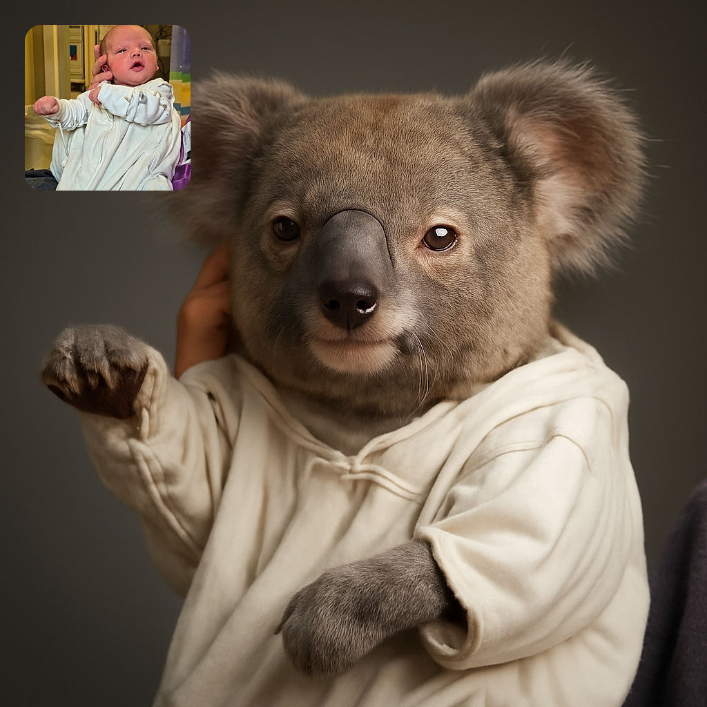 A tiny newborn baby is held gently by a hand, swaddled in a cozy white outfit, with a hospital-like background hinting at a fresh arrival into the world.
