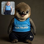 A happy baby lies on a crocheted blanket, wearing a blue sleeveless shirt with a funny slogan and black pants, smiling with an open mouth as if caught mid-laugh.