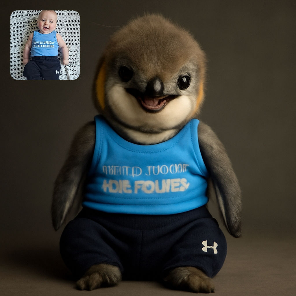 A happy baby lies on a crocheted blanket, wearing a blue sleeveless shirt with a funny slogan and black pants, smiling with an open mouth as if caught mid-laugh.