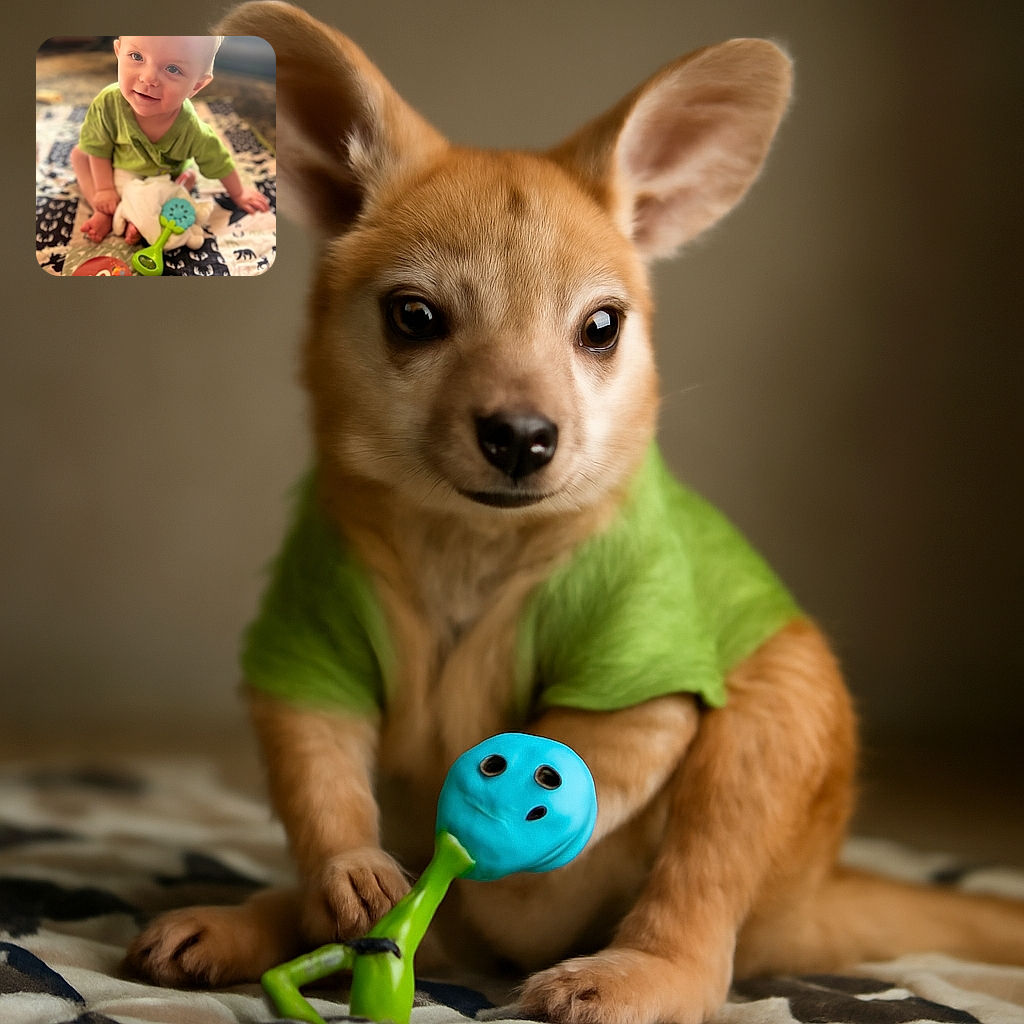 An adorable baby sitting on a patterned blanket, smiling gently with bright eyes and wearing a green shirt. The baby holds a soft toy and a colorful rattle while a '10 months' milestone card is placed in front, capturing a sweet moment of early childhood.