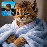 A baby wrapped snugly in a fluffy blue blanket sits in a car seat, with sunlight casting a shadow across their face. The bright blue sky and power lines are visible through the car window, adding a casual, candid vibe to the photo.