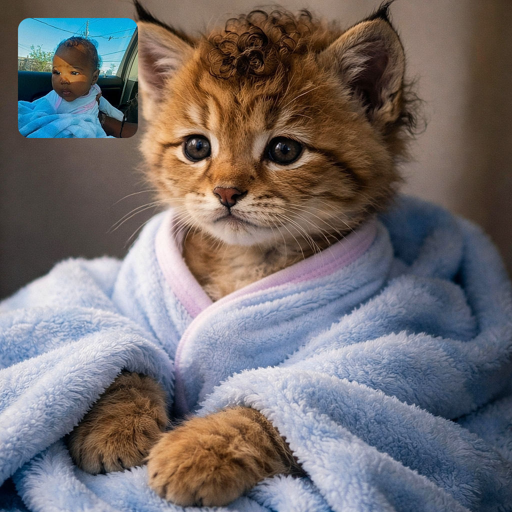 A baby wrapped snugly in a fluffy blue blanket sits in a car seat, with sunlight casting a shadow across their face. The bright blue sky and power lines are visible through the car window, adding a casual, candid vibe to the photo.