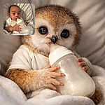 A wide-eyed baby clutching a giant milk bottle like it's a championship trophy, staring at the camera with a mix of surprise and determination while bundled in a soft blanket in a cozy crib corner.
