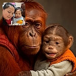 A cozy indoor selfie featuring a smiling woman holding a happy, slightly blurry baby dressed in colorful clothes, with a warm home setting in the background including a wooden dresser and shelves.