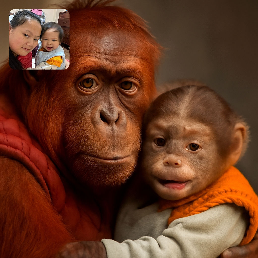 A cozy indoor selfie featuring a smiling woman holding a happy, slightly blurry baby dressed in colorful clothes, with a warm home setting in the background including a wooden dresser and shelves.