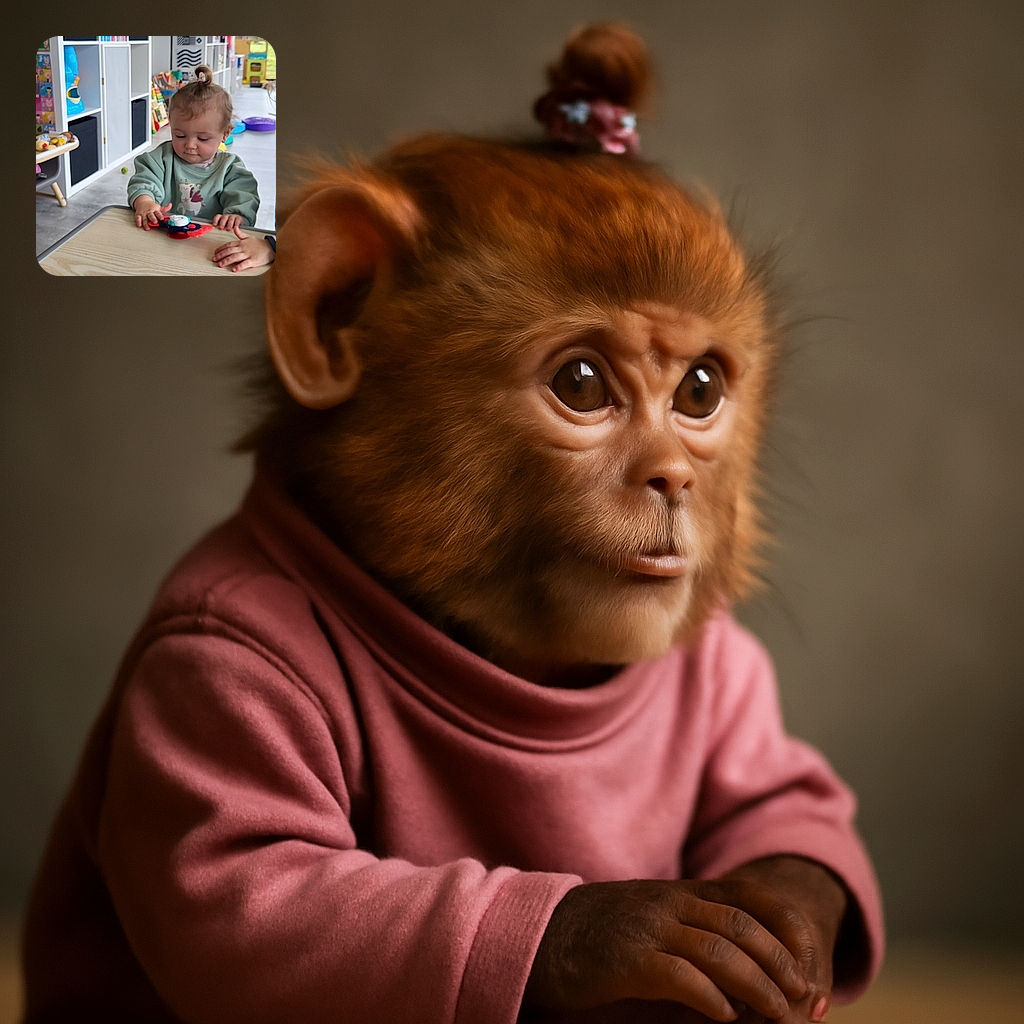 Three toddlers with adorable hairstyles are deeply focused on a colorful toy at a wooden table in a bright playroom filled with toys and shelves. The scene captures a moment of innocent curiosity and friendship.