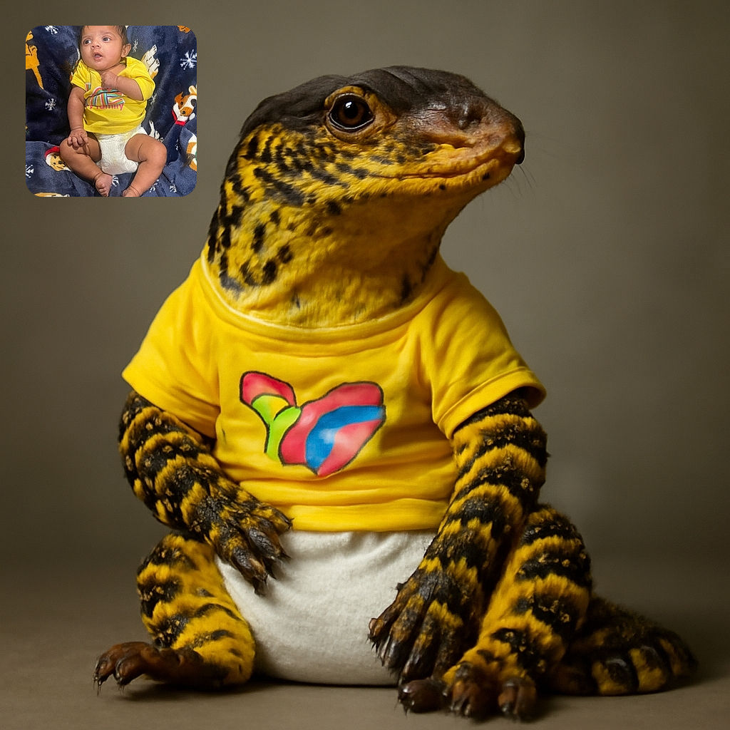 A curious baby wearing a bright yellow shirt and diaper is laying on a cozy blanket decorated with playful dog and snowflake patterns, looking off to the side with wide eyes and a slightly open mouth.