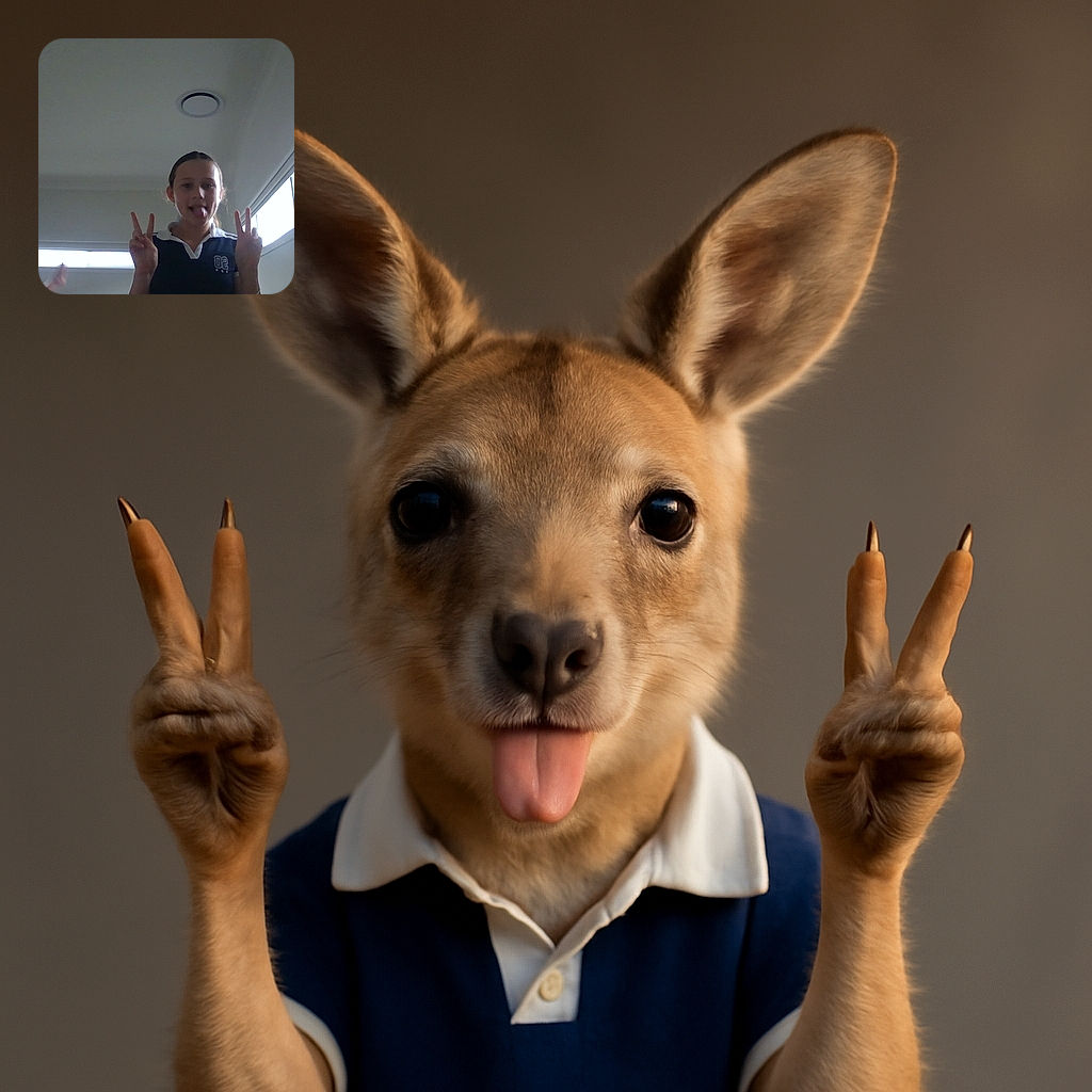 A playful child indoors making peace signs with both hands and sticking out their tongue, framed by bright windows and a plain ceiling light, with a casual and candid vibe.