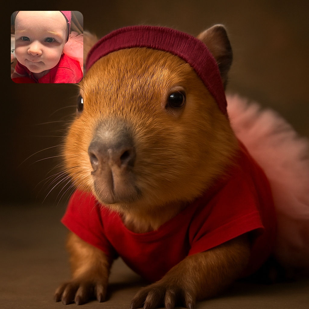 A close-up photo of a baby with a curious expression, wearing a red outfit and a matching headband, with soft lighting highlighting the smooth skin and big eyes, set against a cozy background with pink fabric.