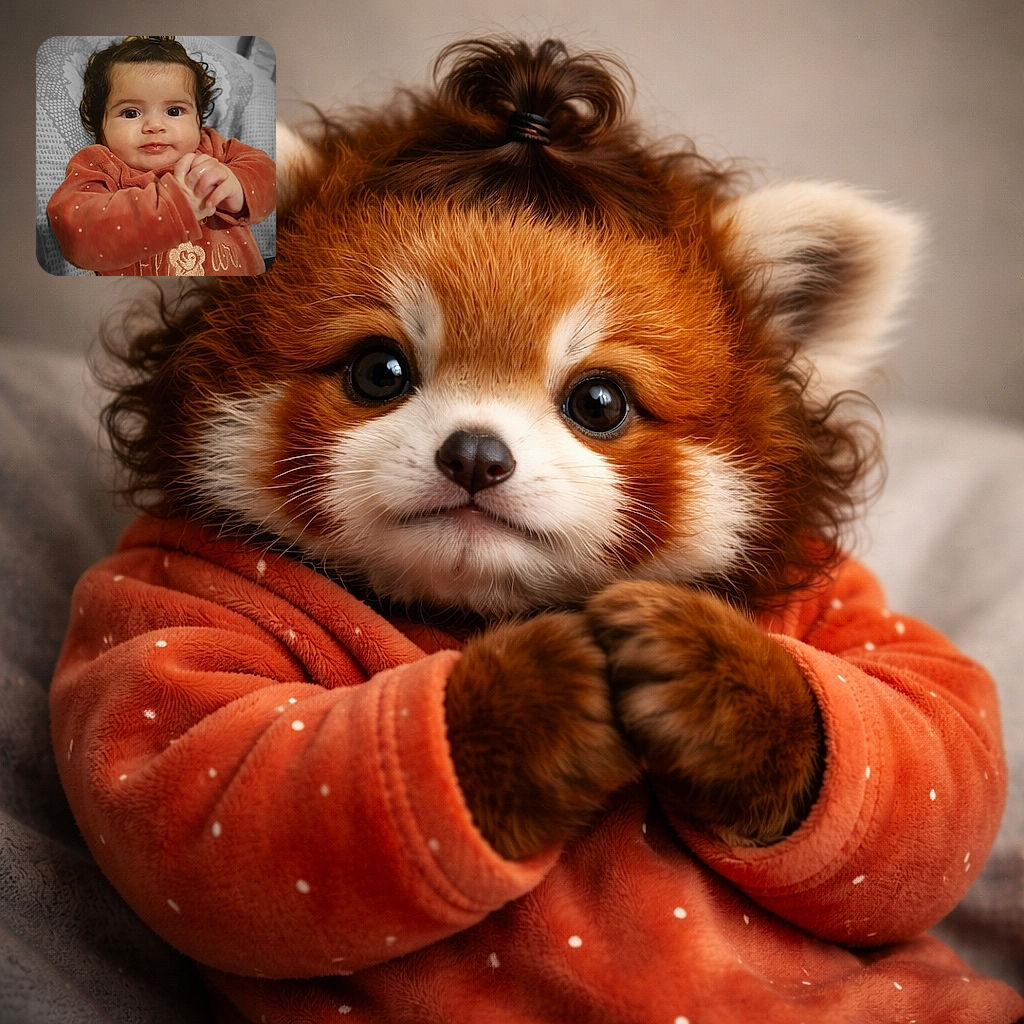 A chubby-cheeked baby with a tiny topknot and enormous curious eyes stares into the camera while clutching their own hands — cozy rust polka-dot outfit, soft pillow backdrop, and an expression that says 'I demand snacks and cuddles.'