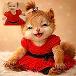 A joyful toddler with a tiny ponytail and a mischievous grin is sitting on a fluffy rug, dressed in a vibrant red dress with a black belt, radiating pure cuteness and happiness.