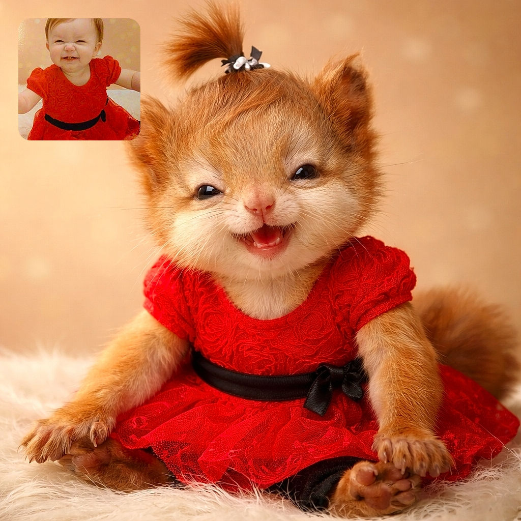 A joyful toddler with a tiny ponytail and a mischievous grin is sitting on a fluffy rug, dressed in a vibrant red dress with a black belt, radiating pure cuteness and happiness.