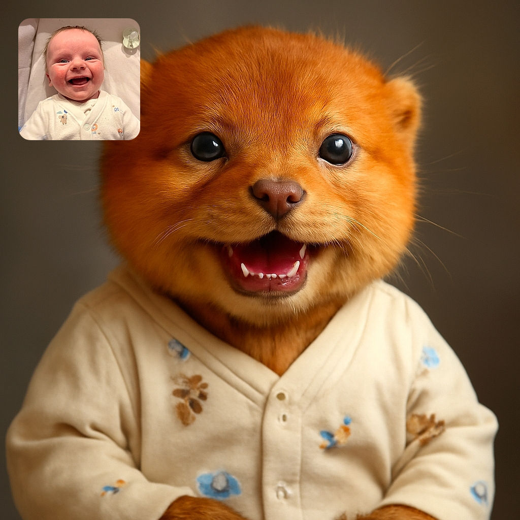 A joyful baby with sparkling eyes and a wide smile is lying on a soft surface wearing a cute white onesie decorated with tiny animals and hot air balloons. A pacifier rests nearby, adding to the adorable nursery vibe.