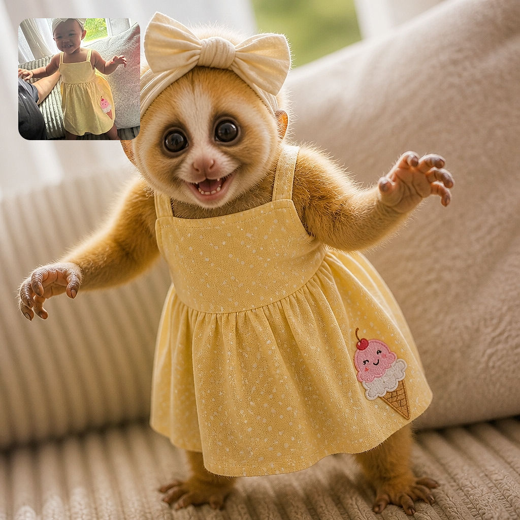 A cheerful toddler in a sunny yellow dress and enormous bow is balancing on a couch like a tiny fashion influencer, while an ice-cream patch provides the official dessert-themed seal of approval.